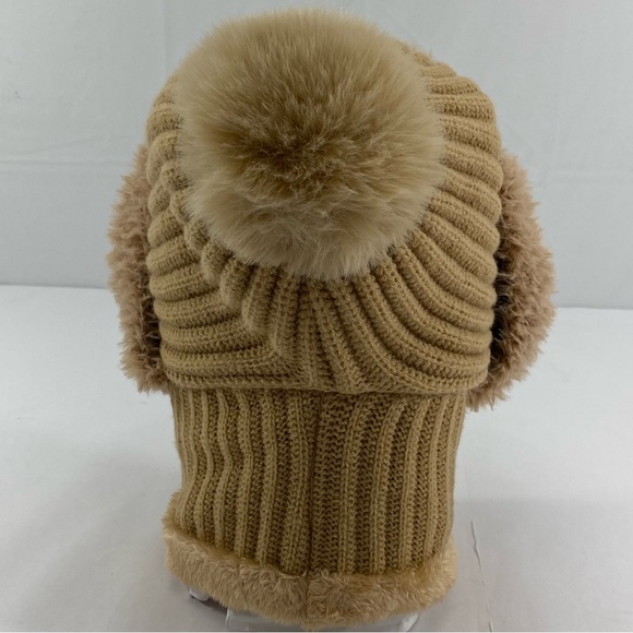 Cozy Women’s One Piece Scarf & Mask Tan Knit Pom-Pom Hat - Picture 5 of 14